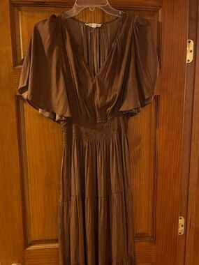 Flutter-Sleeve Brown Maxi Dress with Smocked Waist